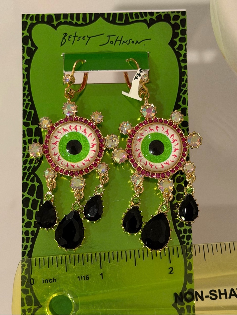 BETSEY JOHNSON DANGLE DROP EVIL EYE EARRINGS BLACK CRYSTAL TEARS HALLOWEEN NWT - Picture 9 of 10